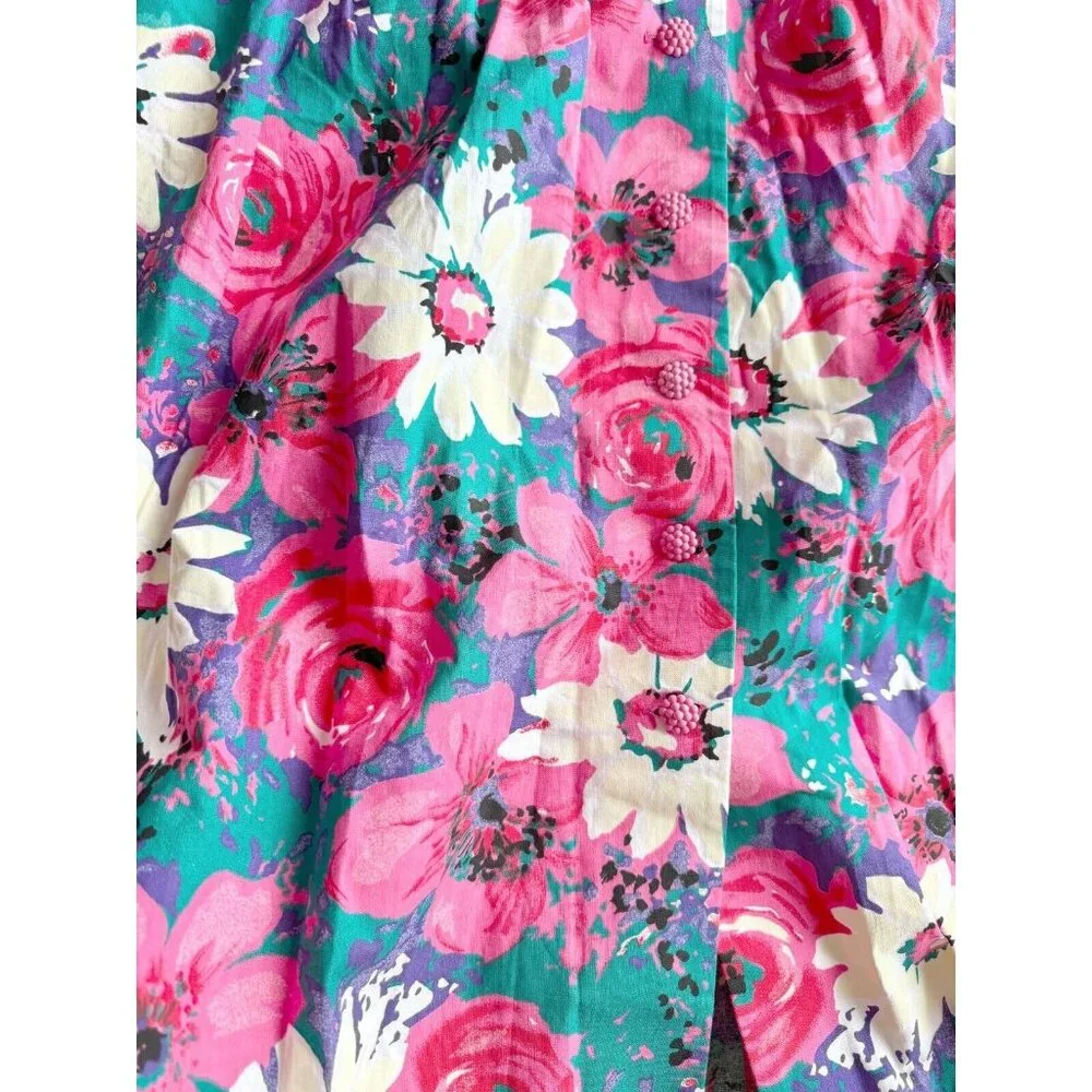 Vintage 80's CANNES Pink Floral Cotton Canvas Halter Midi Circle Dress, Size 14 - Picture 11 of 15